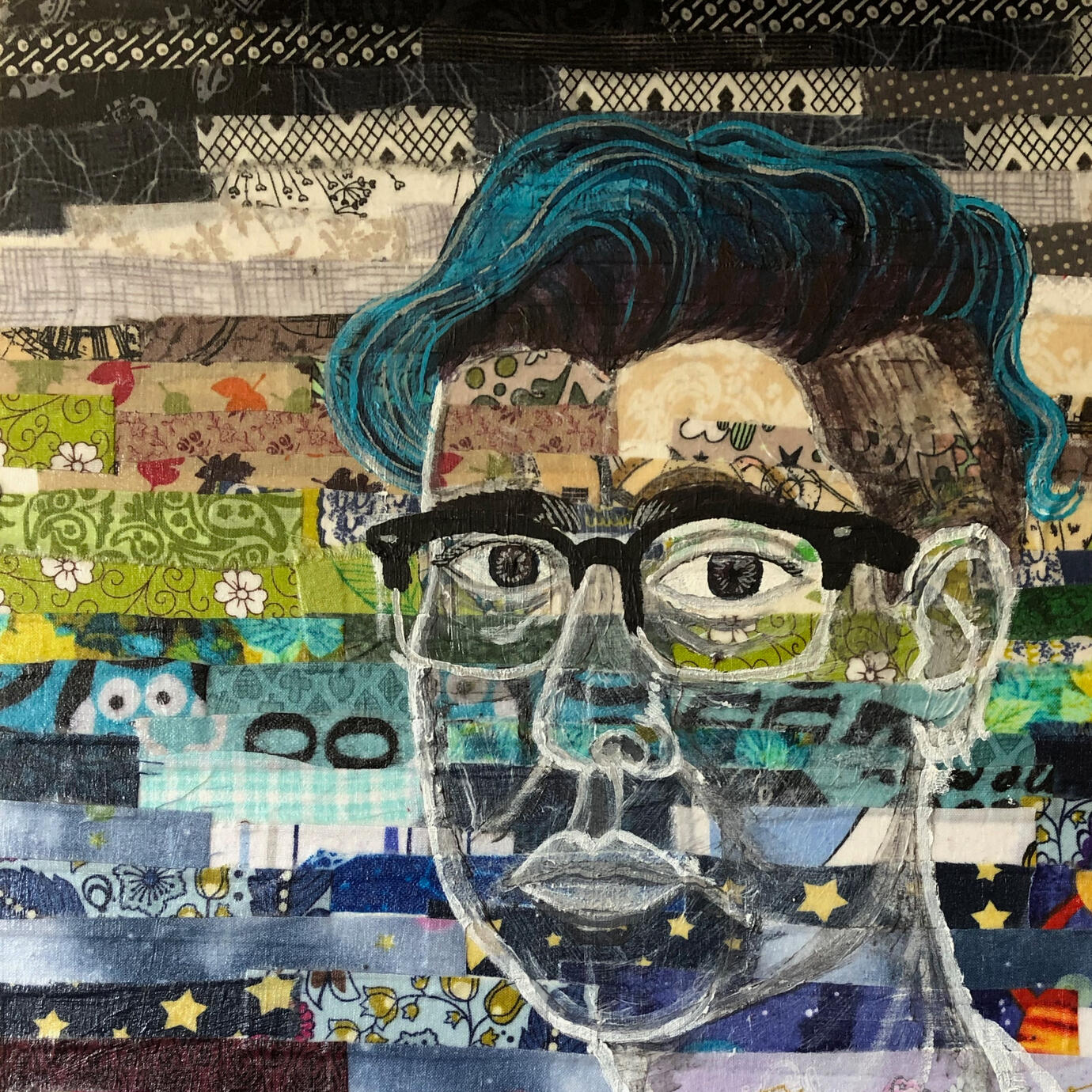 quarantine portrait painted on scraps of the masks i made